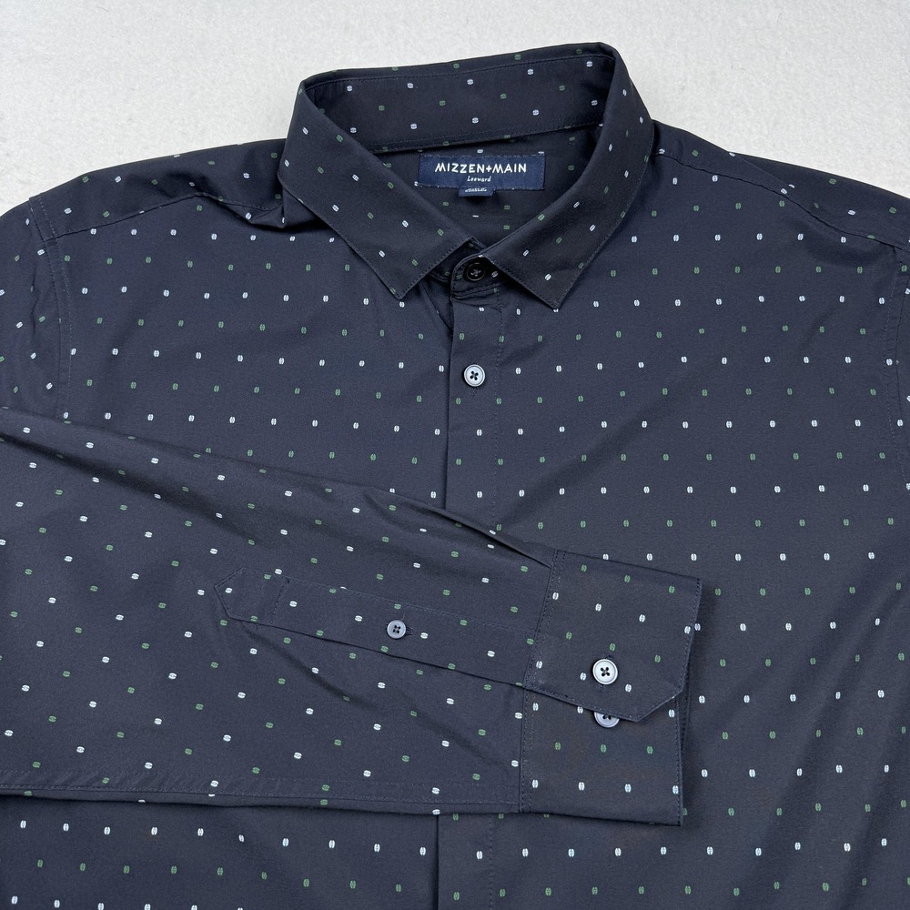 Mizzen+Main Leeward Shirt Mens Large Blue Polka Dot Trim Fit Performance Dress